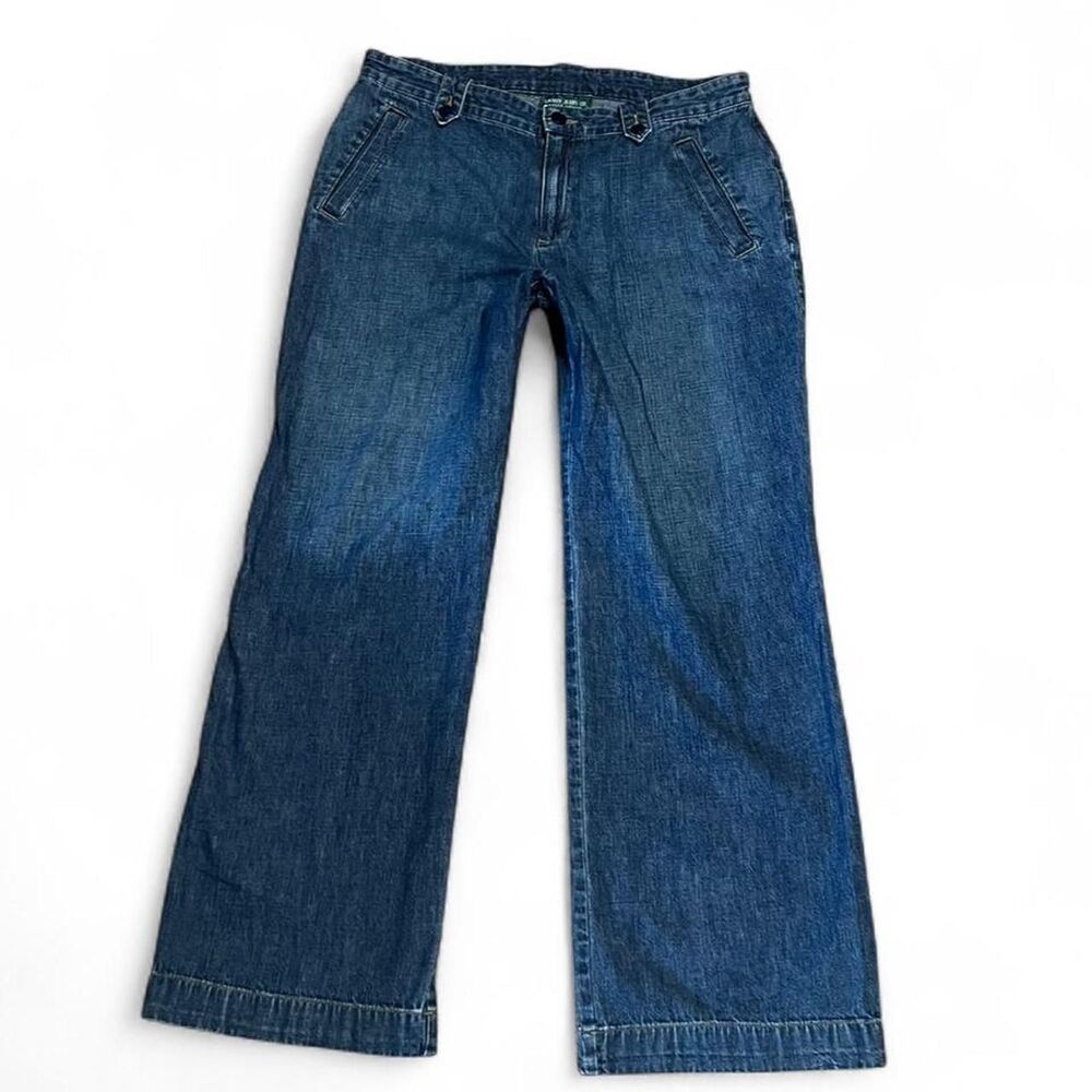 Vintage 100% cotton Ralph Lauren, dark wash blue jeans with a wide leg.